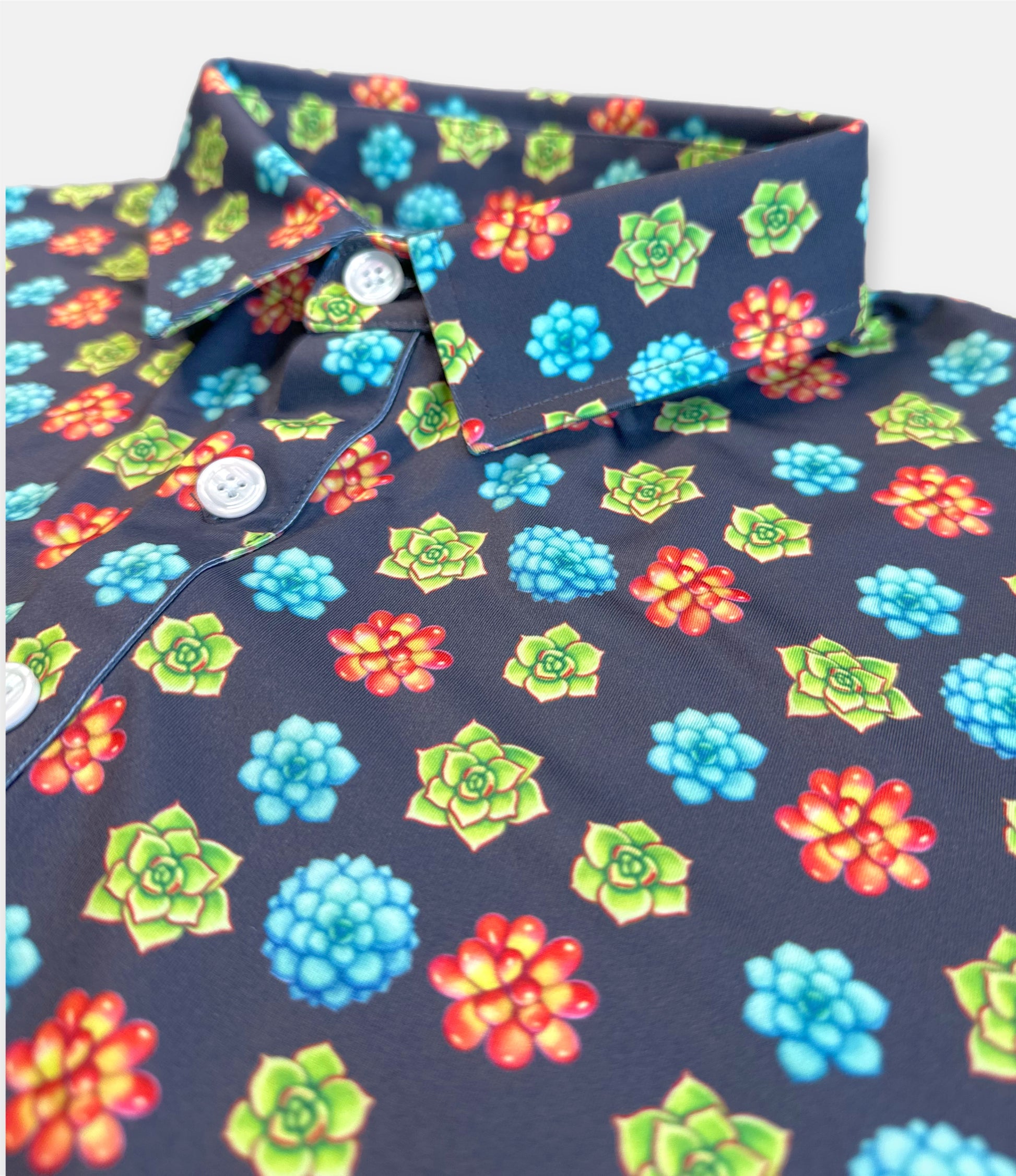 southwestern cactus golf polo with bright fun floral designs