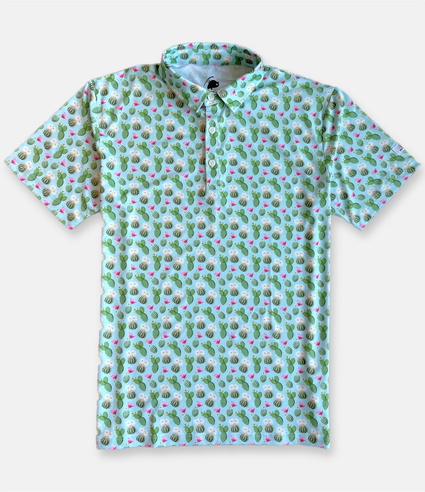 wild cactus golf polo with blue desert patterns